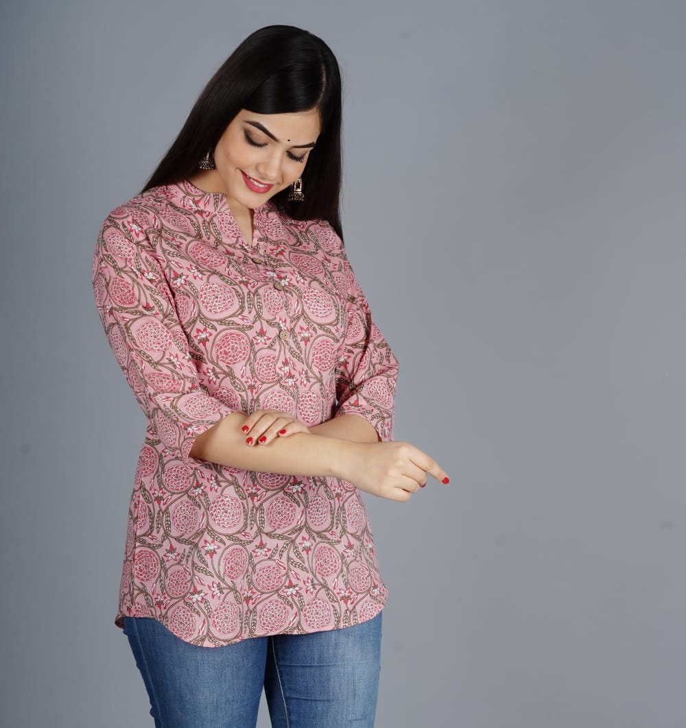 Add a Pop of Color to Your Wardrobe with Pink Jal Printed Cotton Tops