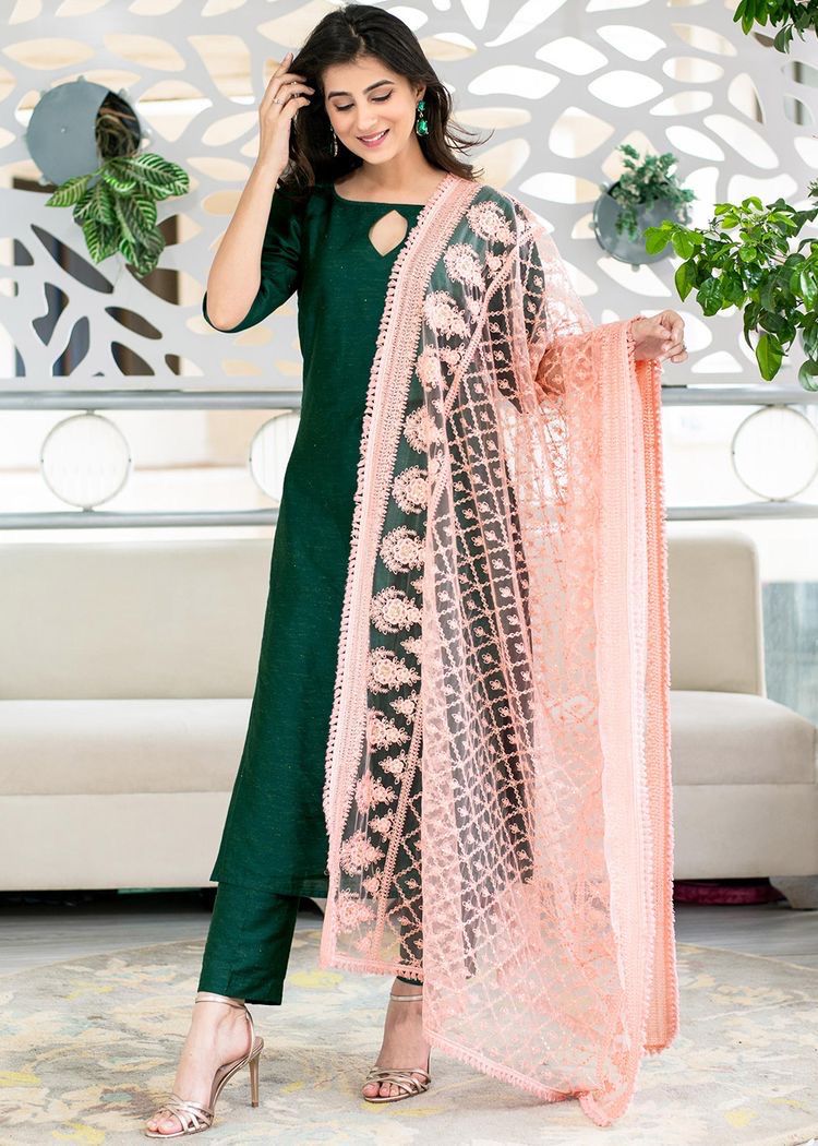 Regal Elegance: Rama Green Chanderi Kurta with Heavy Dupatta and Pant Set