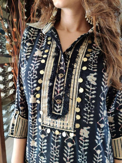 Stylish and Chic: Reyon Fabric Printed Kurti with Gotta Lace, Thread Lace, and Coin Detailing, Paired with Pathani PantV