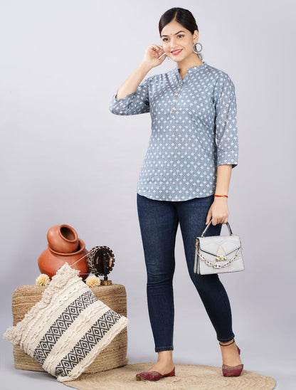 Add a Pop of Color to Your Wardrobe with grey butta Printed Cotton Tops