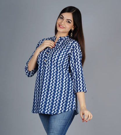 Add a Pop of Color to Your Wardrobe with blue zig zeg Printed Cotton Tops