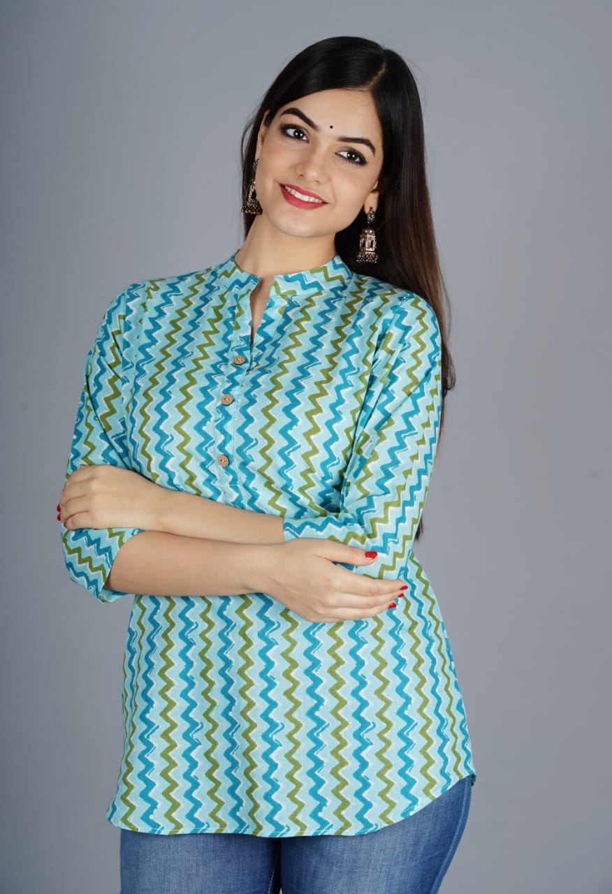 Add a Pop of Color to Your Wardrobe with green zigzeg Printed Cotton Tops