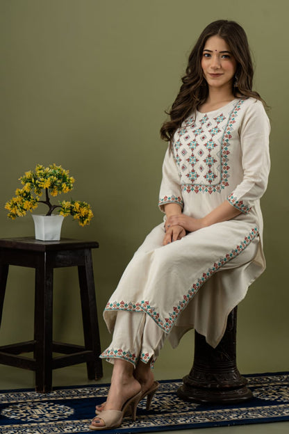 Cotton flex solid embroidery beautiful kurti with pant set